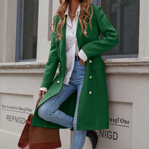 Classic Green Double Button Solid Faux Pockets Jacket Coat - Picture 4 of 4